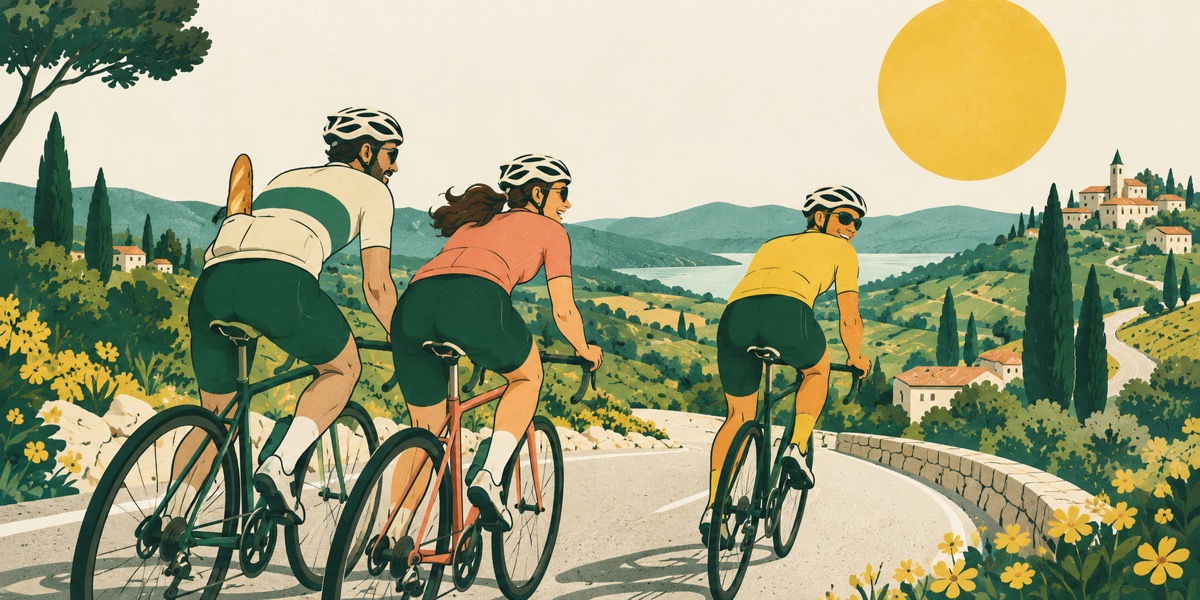 Ilustración editorial de tres ciclistas disfrutando de una carretera entre colinas, con un guiño divertido: una baguette en el bolsillo del maillot.